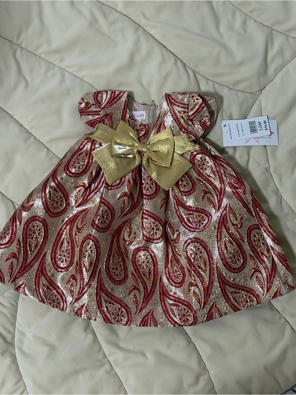 Bonnie Baby Red and Gold Paisley Toddler Dress with Gold Bow